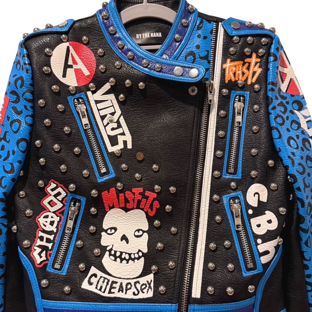 BY THE NANA Studded‎ Leather Cropped Motorcycle Jacket Blue Leopard Print Size L - Picture 3 of 7